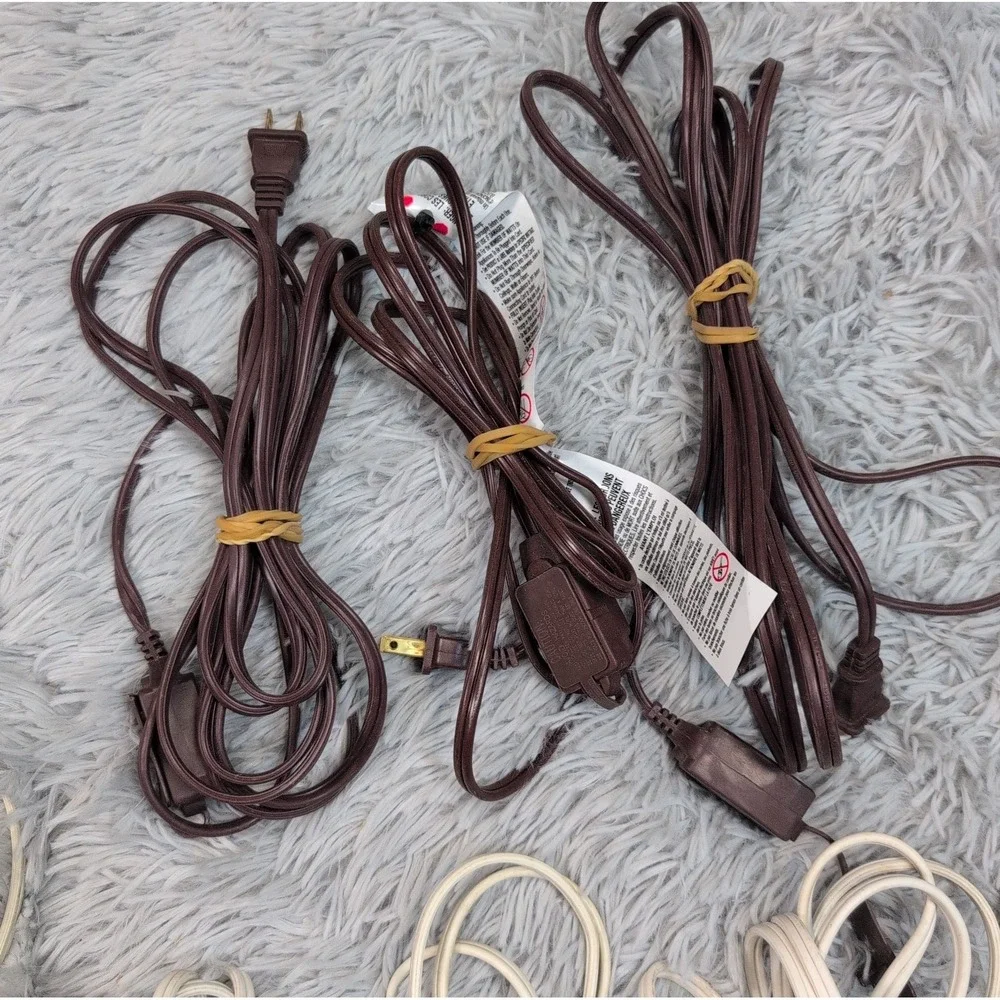 Lot of 8 Extension Cord White Brown of Varying Lengths & Sizes 2 Prong